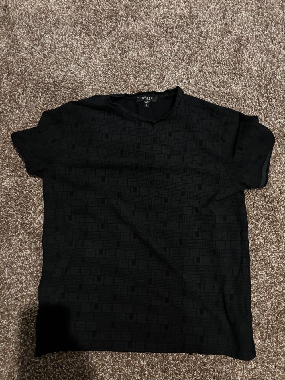 Guess Black Short Sleeve V-Neck Tee with Tonal Logo Pattern